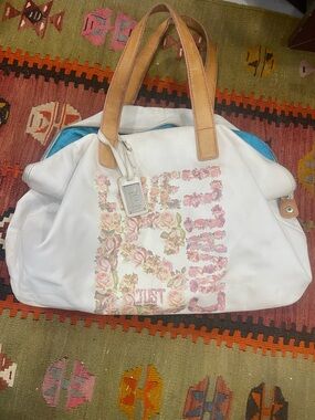 Roberto Cavalli White Floral-Print Tote with Tan Handles